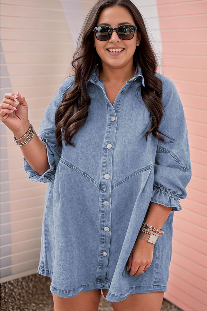 3 4 sleeve denim dress Light Blue Ruffled 3/4 Buttoned Front Plus Size – The Rusted Nail Boutique Size:0-3 months US numeric Prom Suits Light Blue Be daring in denim Sale26July50