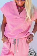Beau Blue Solid Color V Neck Tee Drawstring Pant Set