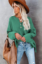 Green Henley Pullover Drop Shoulder Long Sleeve Knit Sweater