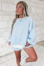 Sky Blue Plaid Baggy Pullover Drawstring Casual Shorts 2pcs Outfit