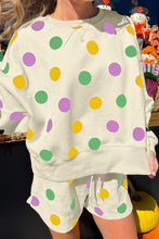 Pink Polka Dot Print Drop Shoulder Pullover Drawstring Shorts Set