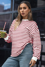 Burgundy Striped Long Sleeve Round Neck Loose Fit Sweatshirt