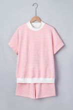 Pink Stripe Cuffed Sleeve Contrast Mock Neck Tee Casual 2pcs Short Set
