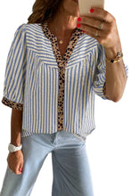 Pink Stripe Leopard Trim V Neck Button Down Half Sleeve Shirt