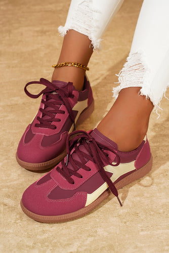 Fiery Red PU Leather Stitched Colorblock Casual Lace-Up Sneakers