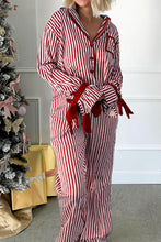 Red Striped Contrast Velvet Trim Knot Waist Pajama Set