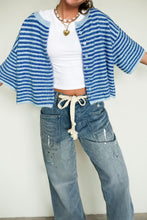 Blue Stripe Loose Half Sleeve Knit Button Down Sweater Cardigan