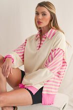 Pink Stripe Colorblock Collared French Terry Top