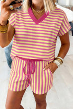 Red Stripe Colorblock Trim V Neck Tee Drawstring Elastic Waist Short Set