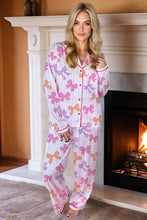 Pink Striped Bow Print Piping Trim Shirt and Pants 2pcs Pajama Set
