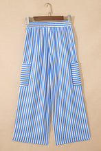Sky Blue Stripe Drawstring Elastic Waist Patch Pocket Wide Leg Ankle-length Pants