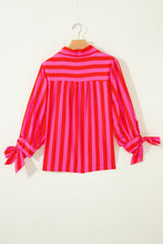 Red Stripe Tie Puff Sleeve Womens Button Down Shirt