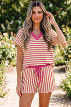 Red Stripe Colorblock Trim V Neck Tee Drawstring Elastic Waist Short Set