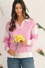 Sky Blue Striped V Neck Collared Colorblock Patchwork Sweater
