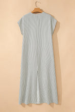 Black Stripe Frilled Detail Half Buttons Short Sleeve Long Dress