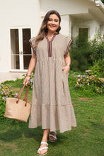Black Stripe Plus Size Slit V Neck Tiered Flutter Sleeve Maxi Dress