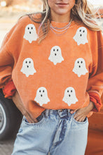 Orange Twisted Ribbed Texture Halloween Ghost Sequin Patched Sweatshirt