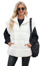 Beige Solid Zipper Stand Neck Oversized Puffer Vest