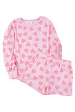 Pink Heart Print Long Sleeve Top and Shorts Loungewear Set