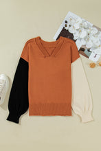 Desert Gold Colorblock Raw Edge Bubble Sleeve V Neck Sweater