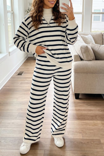 Blue Stripe Striped Ribbed Cuff Collar Pocket Loose Pant Set