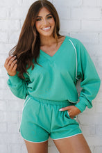 Dark Green V Neck Piping Trim Pullover Top and Shorts Set