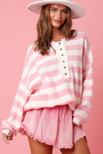 Pink Striped Drop Sleeve Henley Sweater