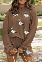 Chestnut Twisted Ribbed Mallard Duck Sequins Patch Long Sleeve Top and Short Set