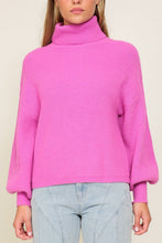 Rib Knitted Turtleneck Sweater with Bishop Sleeve