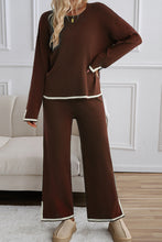 Apricot Contrast Trim Split Cuffs Round Neck Top and Pants Set