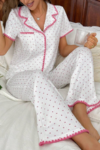 White Heart Print Contrast Trim Shirt and Pants Pajama Set