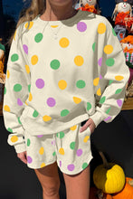 Pink Polka Dot Print Drop Shoulder Pullover Drawstring Shorts Set