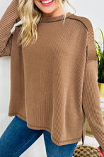 Dark Khaki Twisted Rib Exposed Seam Detail Long Sleeve Loose Top