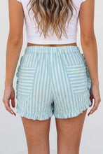 Sky Blue Stripe Elastic Waist Ruffle Trim Casual Shorts