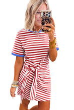 Sky Blue Stripe Nautical Tie Contrast Trim Round Neck T Shirt Mini Dress