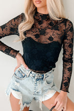 White Mock Neck Floral Lace Mesh Long Sleeve Top