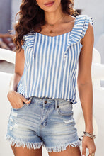 Blue Striped Tie Back Ruffle Trim Sleeveless Shirt