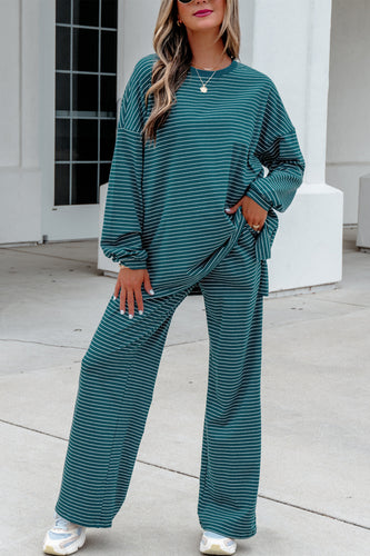 Green Stripe Dropped Shoulder Long Sleeve Top Elastic Waist Pants Casual 2pcs Set