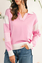 Sky Blue Striped V Neck Collared Colorblock Patchwork Sweater