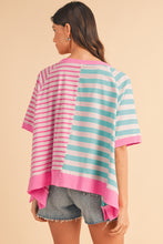 Blue Stripe Contrast Colorblock Oversized T Shirt