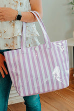 Light Blue Glossy Striped Vinyl Large Tote Bag