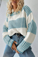 Light Blue Two Tone Striped Patchwork Drop Shoulder Sweater