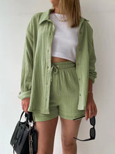 Texture Button Up Shirt and Drawstring Shorts Set