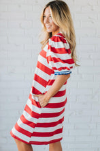 Blue Stripe Contrast Trim Round Neck Short Puff Sleeve Shift Mini Dress