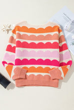 Rose Red Wave Striped Balloon Sleeve Drop Sweater