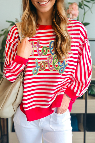 Red Stripe Holly Jolly Sequins Patch Drop Shoulder Long Sleeve Top