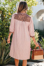 Khaki Stripe Square Button Leopard Trim Loose Bracelet Sleeve Shirt Dress