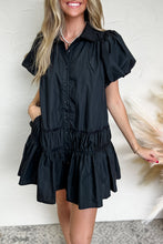 Black Button Down Puff Sleeve Ruched Ruffle Hem Dress