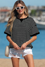 Green Stripe Ribbed Patchwork Seam Detail Half Sleeve Tee