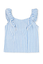 Blue Striped Tie Back Ruffle Trim Sleeveless Shirt